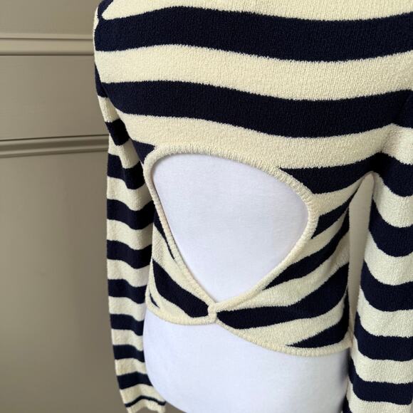 AERIE Open Back Sweater Sz. Small Navy White Stripe Textured Nautical Coastal - Picture 3 of 8